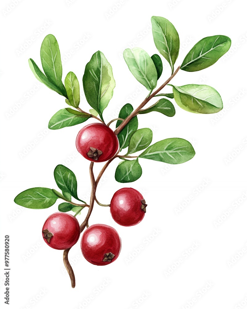 A watercolor painting of a branch with ripe red cranberries and green leaves. A watercolor painting of a branch with ripe red cranberries and green leaves.