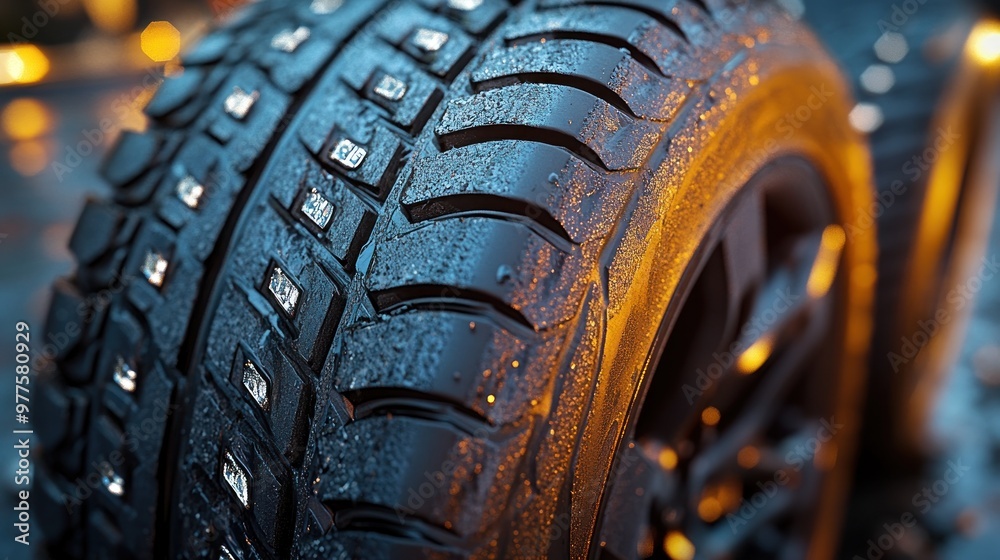 Fototapeta premium Close-up of a Wet Tire with Studs