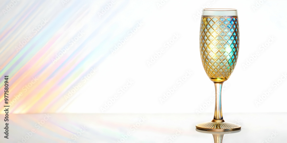 3D Holographic Champagne Flute Rim - Intricate Patterns & Reflections on Isolated White Background | Wide Shot with Copy Space 3D Holographic Champagne Flute Rim - Intricate Patterns & Reflections on Isolated White Background | Wide Shot with Copy Space