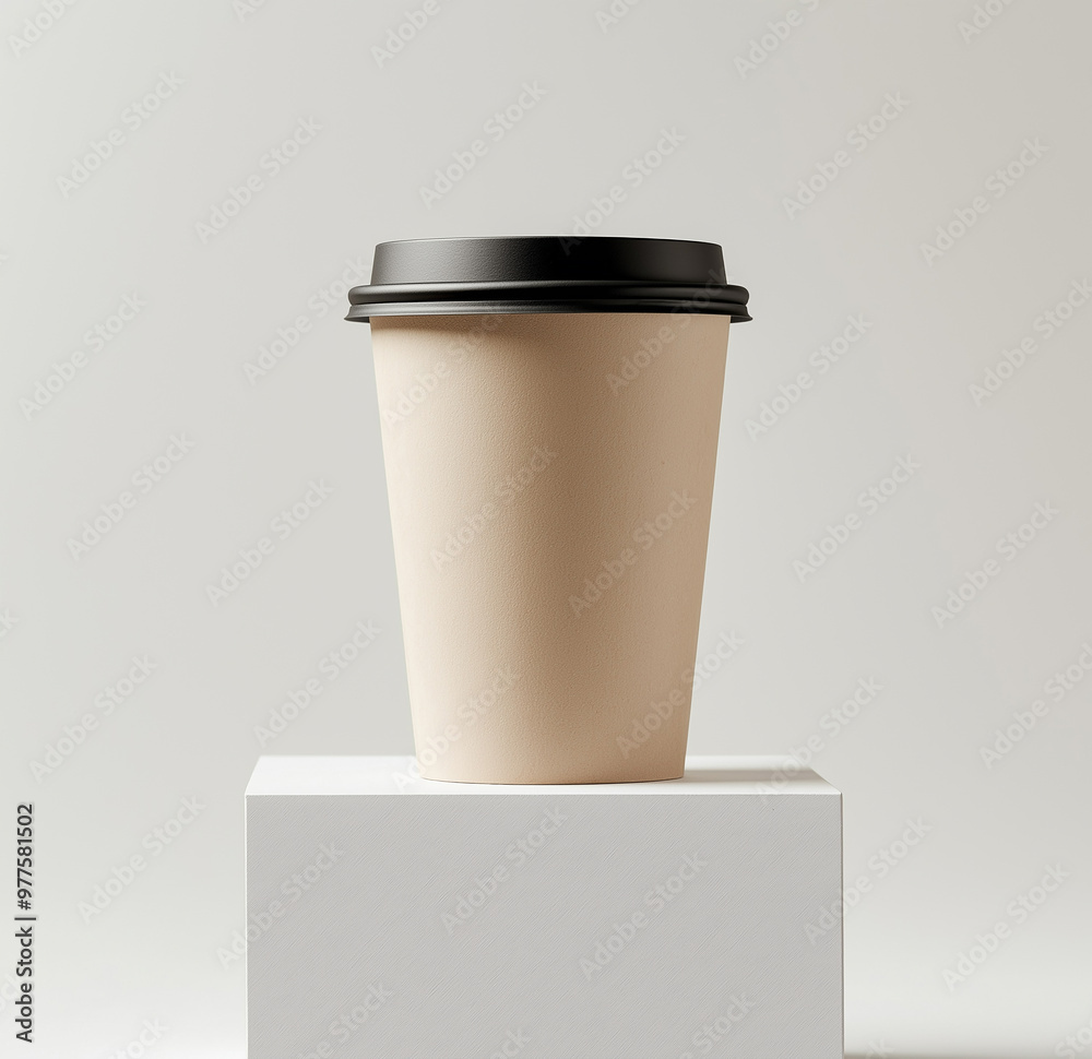 A Disposable Coffee Cup Isolated on a Podium, Products Display Podium Mockup on a Solid Background A Disposable Coffee Cup Isolated on a Podium, Products Display Podium Mockup on a Solid Background