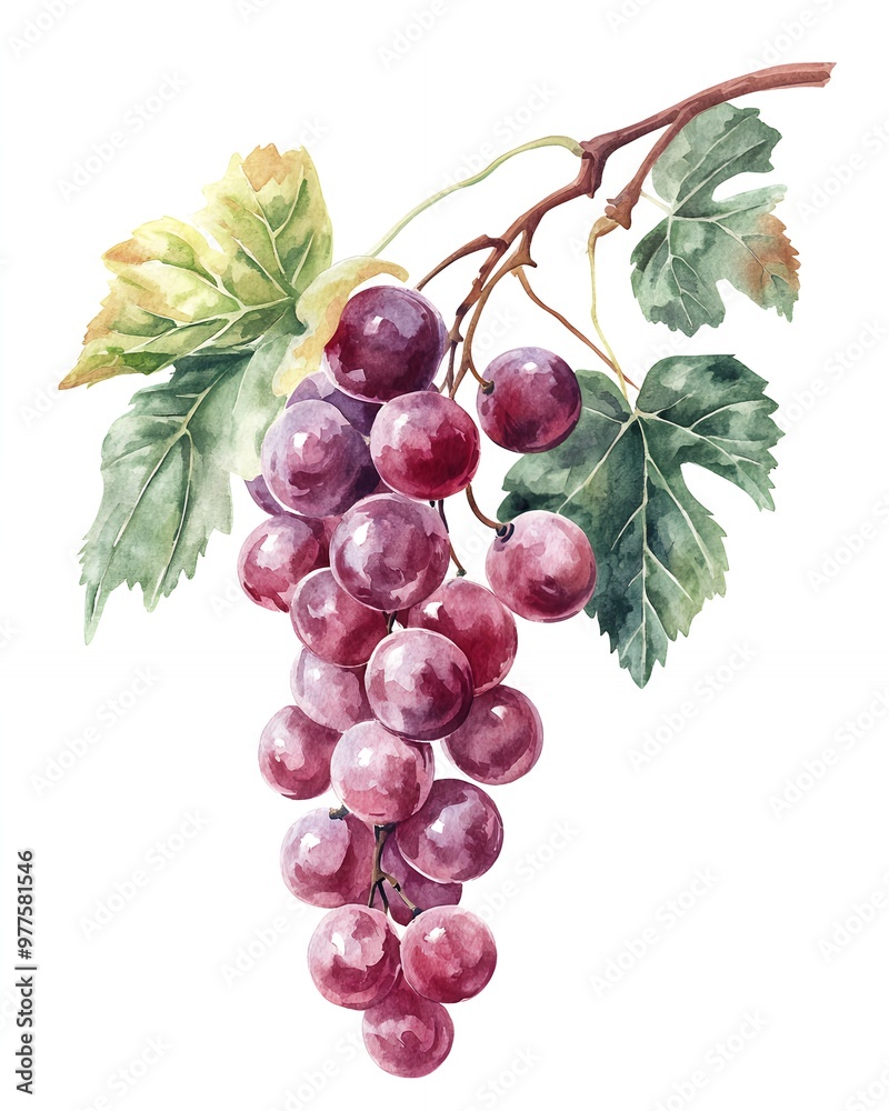 Fototapeta premium A bunch of red grapes hanging from a vine with green leaves. Watercolor painting.