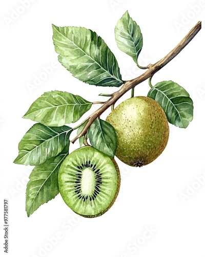 Fresh kiwi fruit on a branch with green leaves. Watercolor illustration.