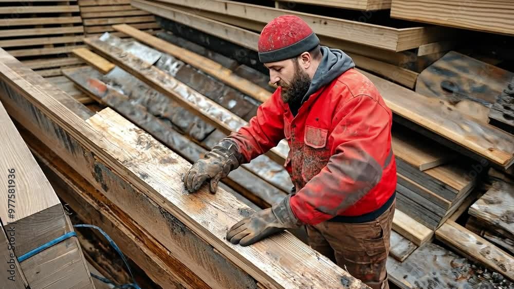 A worker working with wooden boards is wearing a red jacket. A worker working with wooden boards is wearing a red jacket.