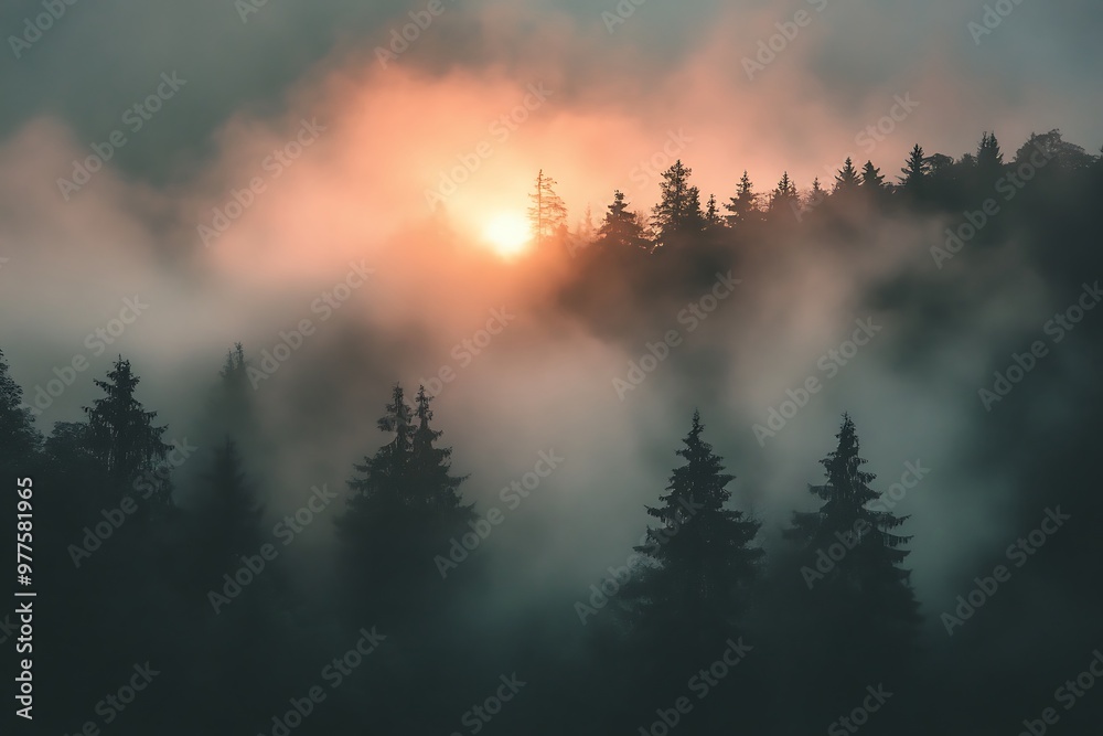 Fototapeta premium Mystical Sunrise over Foggy Forest