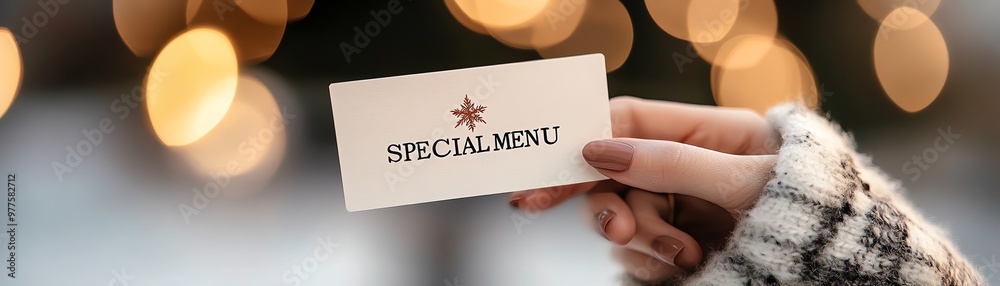Hand holding a special menu card with a festive design. Bokeh background creating a warm and cozy atmosphere, ideal for holiday promotions. Hand holding a special menu card with a festive design. Bokeh background creating a warm and cozy atmosphere, ideal for holiday promotions.