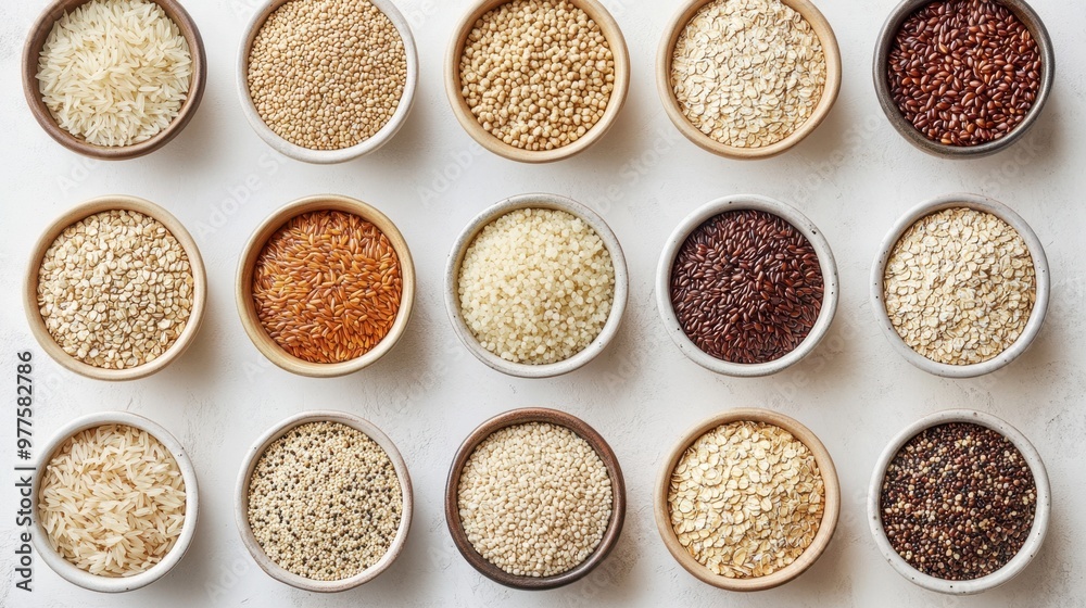 A variety of whole grains in bowls, including brown rice, quinoa, bulgur, and oats, set against a neutral background. A variety of whole grains in bowls, including brown rice, quinoa, bulgur, and oats, set against a neutral background.