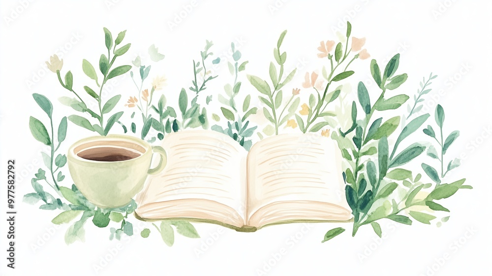 Cozy reading scene featuring a journal, coffee, and plants in a floral decorative style, rendered as a soft illustration, isolated on a white background. Cozy reading scene featuring a journal, coffee, and plants in a floral decorative style, rendered as a soft illustration, isolated on a white background.