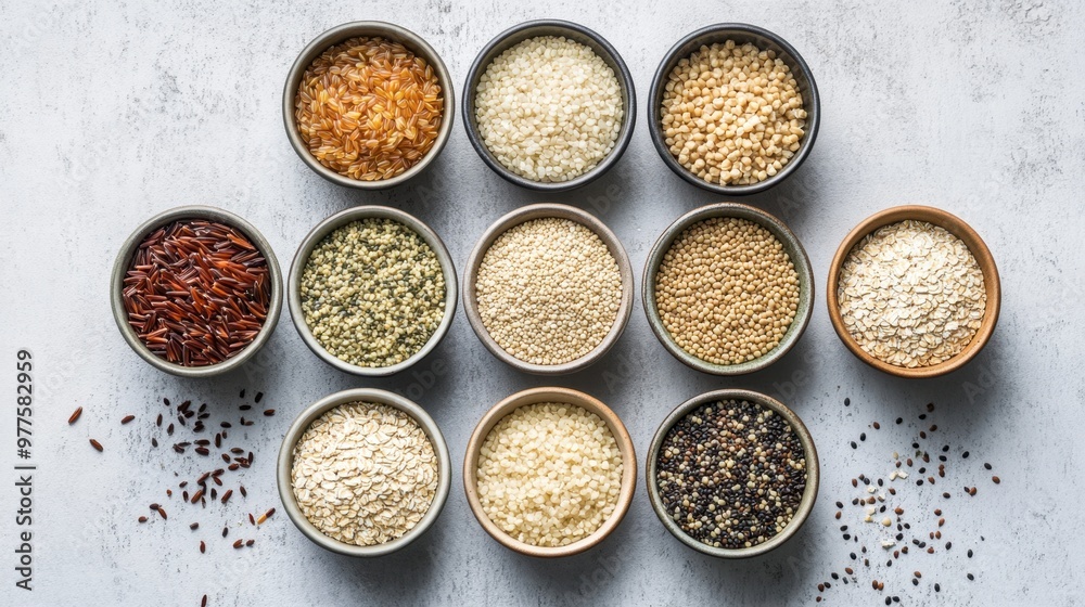 A variety of whole grains in bowls, including brown rice, quinoa, bulgur, and oats, set against a neutral background. A variety of whole grains in bowls, including brown rice, quinoa, bulgur, and oats, set against a neutral background.