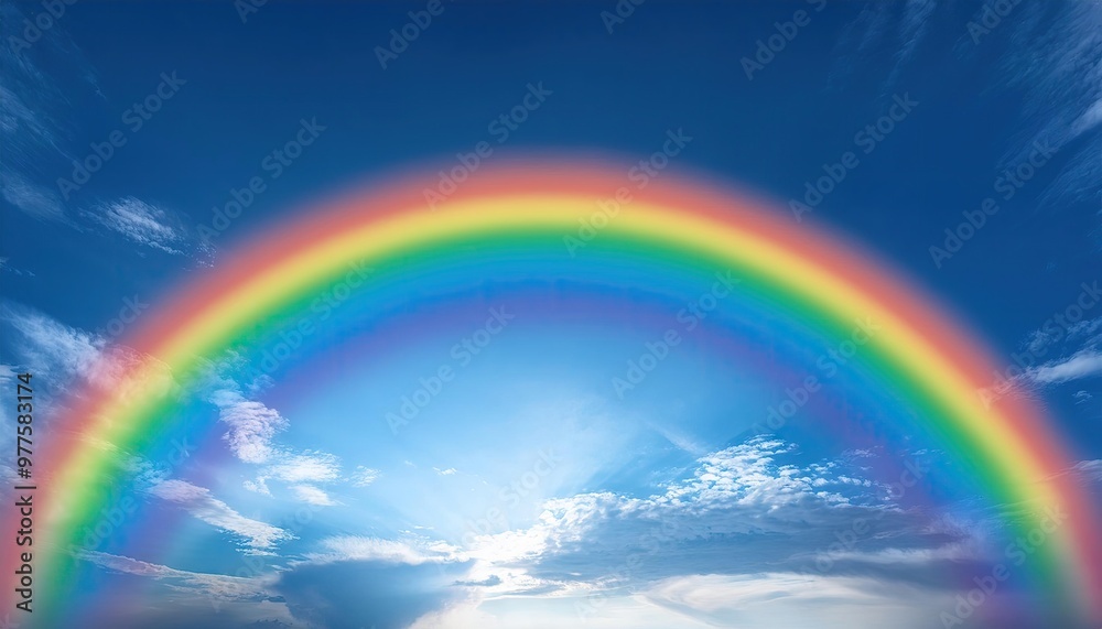 Vibrant rainbow arching in blue sky