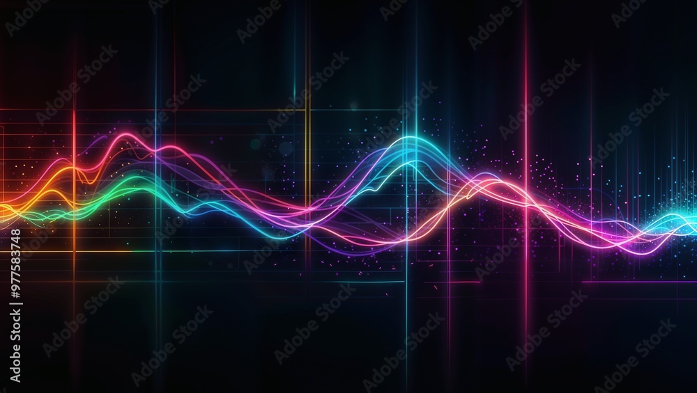 Vibrant sound waves represented in colorful abstract design on a dark background Vibrant sound waves represented in colorful abstract design on a dark background
