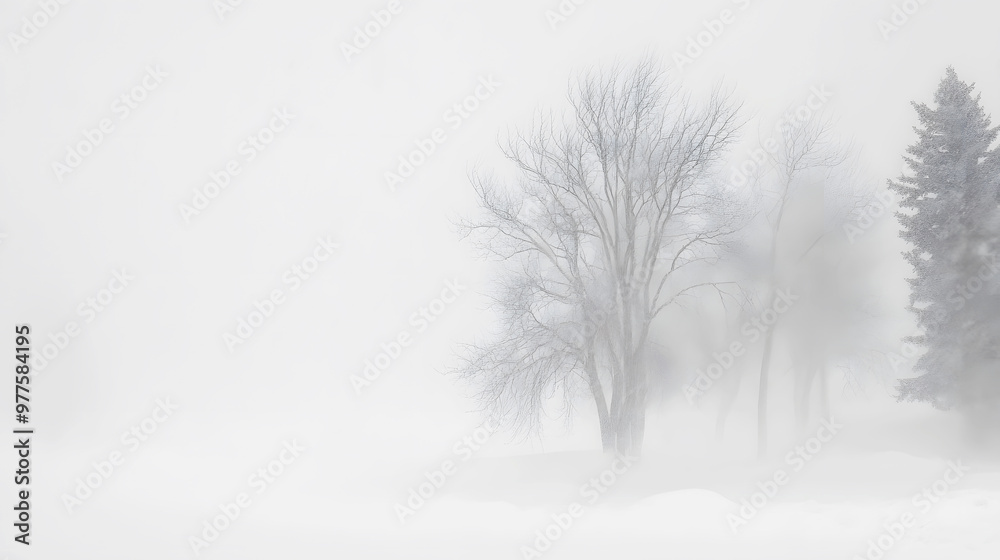 Fototapeta premium Trees bending under the weight of snow and wind, barely visible through