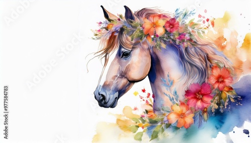 A beautiful horse adorned with a vibrant floral garland, painted in a watercolor style, evoking a sense of elegance and nature.