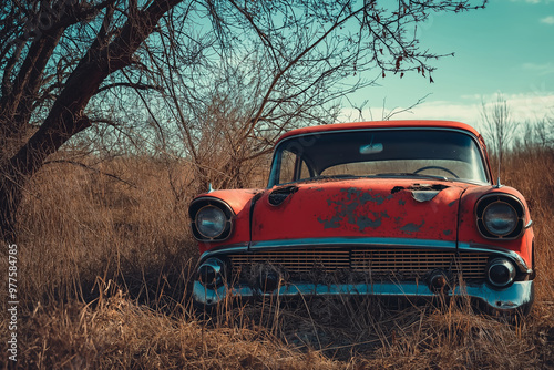 A rusty vintage car abandoned in a dry grassy field during daylight, under clear skies.