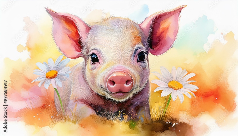 A joyful watercolor illustration of a piglet surrounded by white daisies, set against a warm, colorful background evoking springtime.