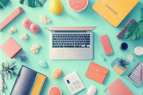 Online business flat design top view ecommerce water color vivid
