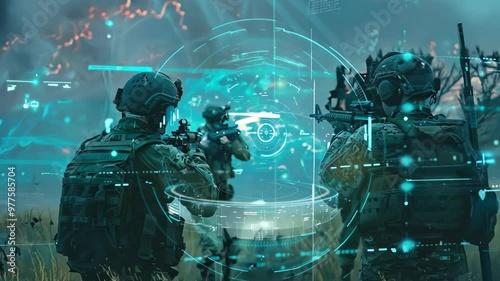 A vibrant two soldiers in tactical gear engaged in a simulated combat exercise in an open field. Holographic interfaces enhance the high-tech atmosphere, emphasizing modern warfare and teamwork.