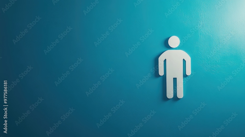 A bold menas restroom symbol in white, placed on a bright cyan background with soft lighting creating contrast. Focus on the icon. No people. A bold menas restroom symbol in white, placed on a bright cyan background with soft lighting creating contrast. Focus on the icon. No people.