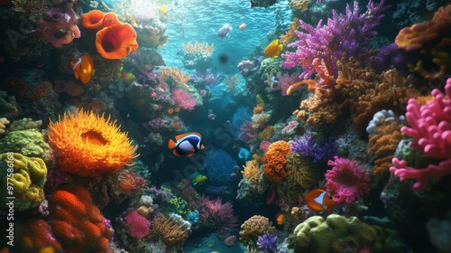 Fototapeta Naklejka Na Ścianę i Meble -  A vibrant coral reef teeming with colorful fish, corals, and sea anemones, creating a lively undersea ecosystem.