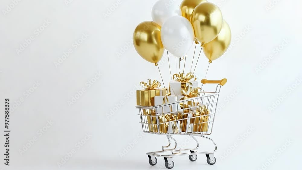 A shopping cart brimming with beautifully wrapped golden gifts and elegant balloons, creating a festive atmosphere for celebration and joy on white backdrop with copy space A shopping cart brimming with beautifully wrapped golden gifts and elegant balloons, creating a festive atmosphere for celebration and joy on white backdrop with copy space