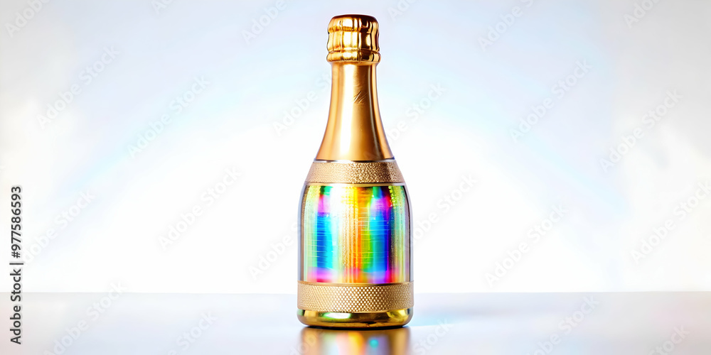 Fototapeta premium Stunning Flat Holographic Champagne Bottle Capsule � Close-Up Vector Illustration with Futuristic Design & Vibrant Details on White Background for Smart Business Use