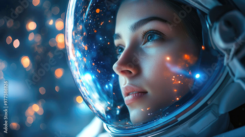 A woman in a space suit and a helmet on her head on a defocused background of lights. A woman astronaut in space.