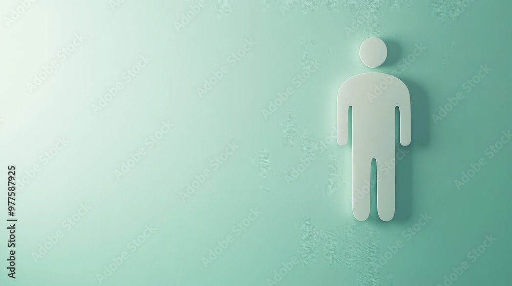 A menas restroom symbol in white, placed on a light pastel green background with soft lighting. Focus on the icon. No people. A menas restroom symbol in white, placed on a light pastel green background with soft lighting. Focus on the icon. No people.