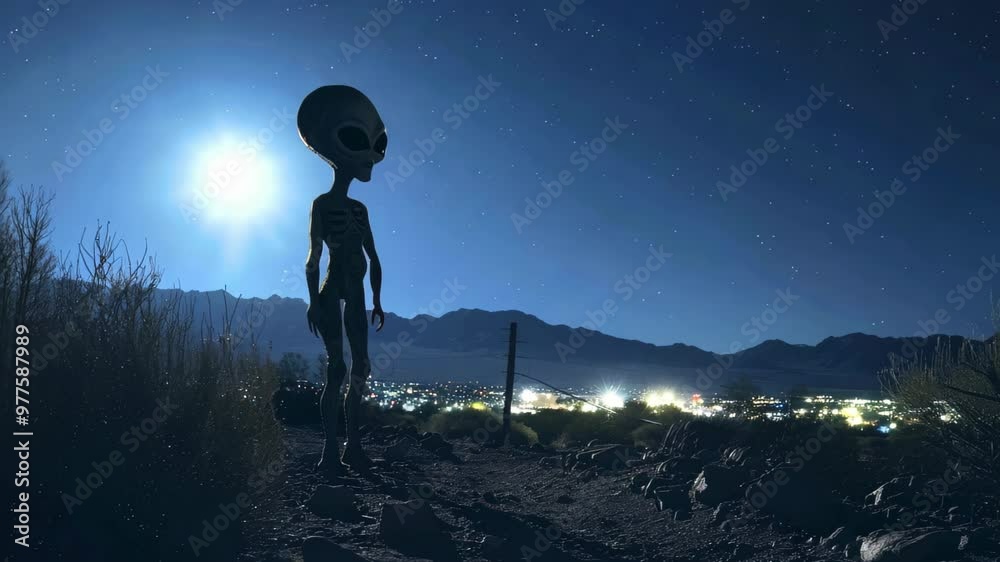 A towering alien figure stands on a rocky path, gazing at a distant, softly illuminated city. starlit sky and moonlit landscape create a captivating, mysterious atmosphere.
