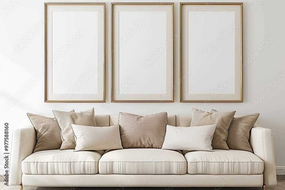 A white couch with three empty frames on the wall behind it., A white couch with three empty frames on the wall behind it.,