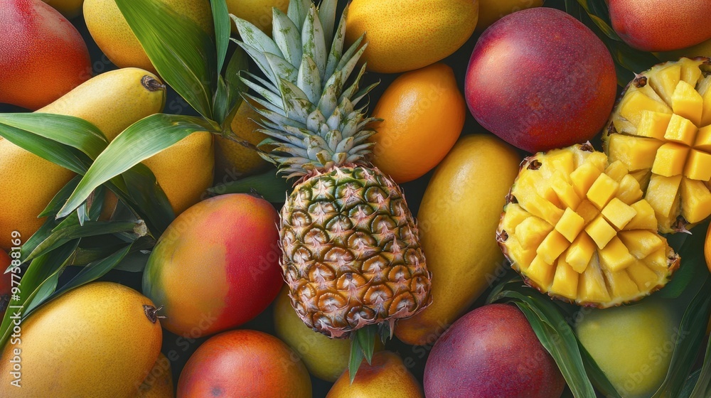 A vibrant display of tropical fruits including pineapples, mangoes, and papayas, set against a bright background. A vibrant display of tropical fruits including pineapples, mangoes, and papayas, set against a bright background.