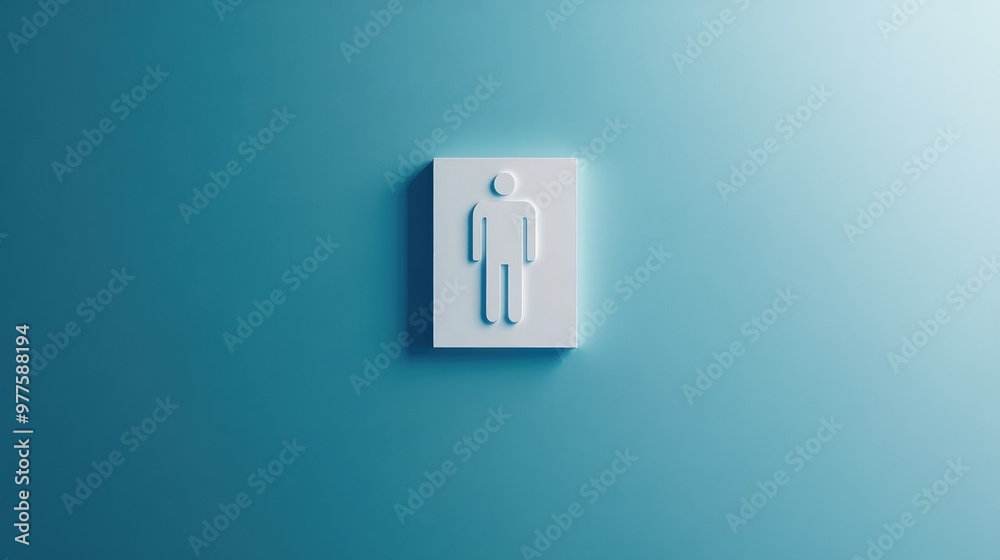 A minimalist menas restroom symbol in white, centered on a solid blue background with soft shadows. Focus on the icon. No people.