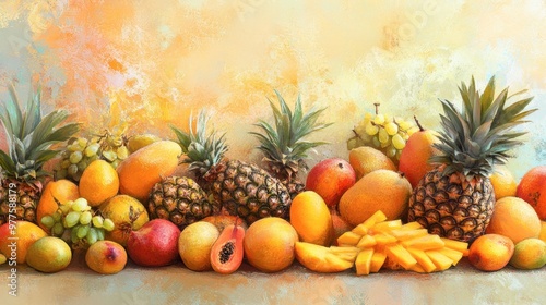 A vibrant display of tropical fruits including pineapples, mangoes, and papayas, set against a bright background.