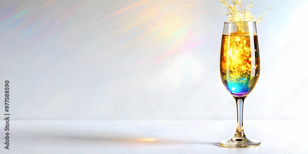 3D Holographic Champagne Flute Splash Concept: Close-Up with Glowing Liquid Detail on White Background, Emphasizing Intricate Patterns and Copy Space