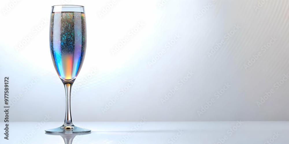 Holographic Champagne Flute Rim Concept: Wide Shot Showcasing Intricate Patterns and Reflections on a White Background with Generous Copy Space for Photo Stock Holographic Champagne Flute Rim Concept: Wide Shot Showcasing Intricate Patterns and Reflections on a White Background with Generous Copy Space for Photo Stock