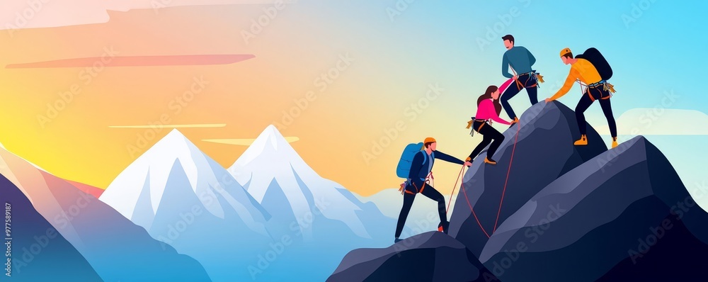 Fototapeta premium Group of friends climbing rocks during a mountain vacation, flat design, side view, rock climbing theme, water color, colored pastel