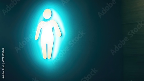 A womenas restroom symbol in white on a bright cyan background, softly lit to highlight the design. Focus on the symbol. No people.