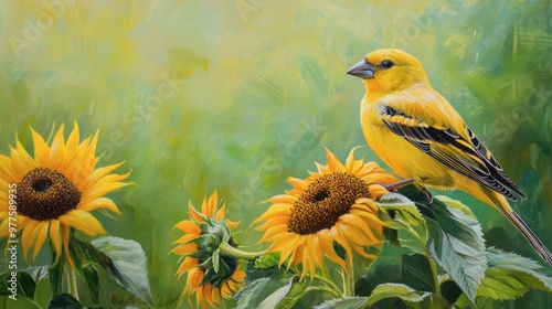 A vibrant goldfinch perched on a sunflower, with its bright yellow feathers contrasting against the green field. photo