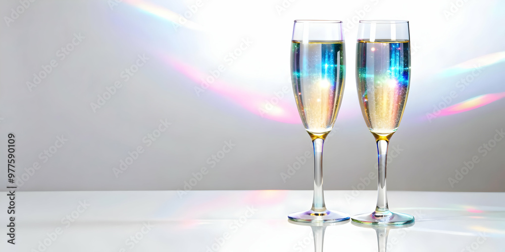 3D Holographic Champagne Flutes Concept: Wide Shot of Two Sparkling Flutes Filled with Glowing Effervescent Liquid on White Background - Captivating Reflections and Copy Space 3D Holographic Champagne Flutes Concept: Wide Shot of Two Sparkling Flutes Filled with Glowing Effervescent Liquid on White Background - Captivating Reflections and Copy Space