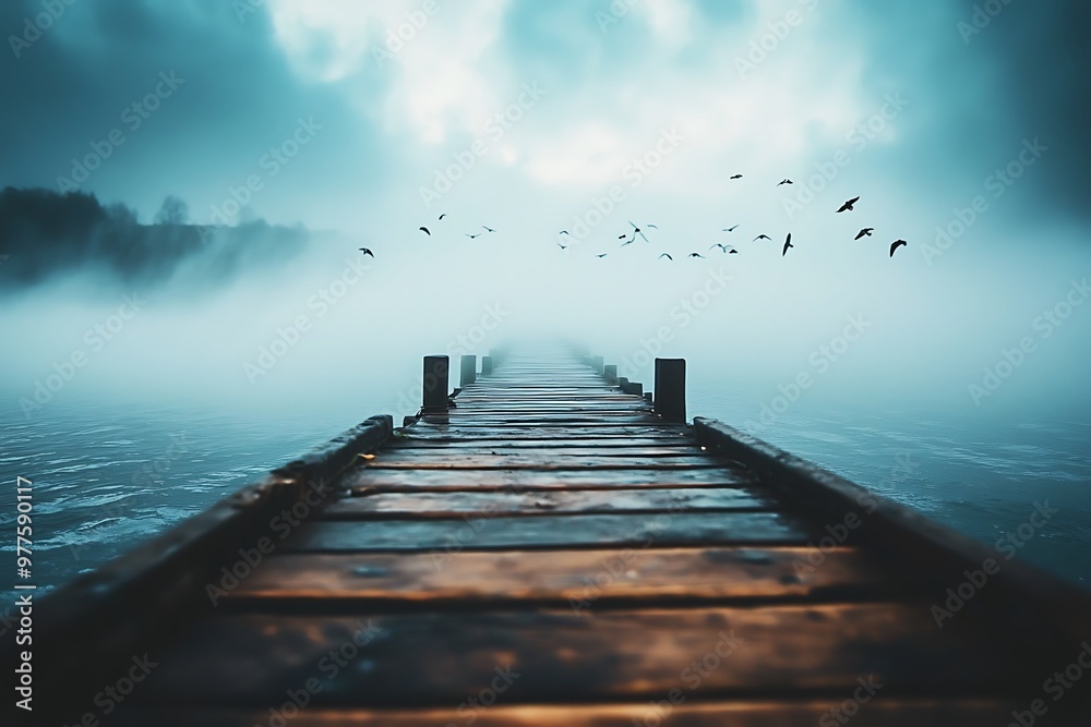Obraz premium Wooden dock leading to a foggy horizon with birds flying above, misty lake in background. Concept of journey, travel, destination, mystery, and unknown