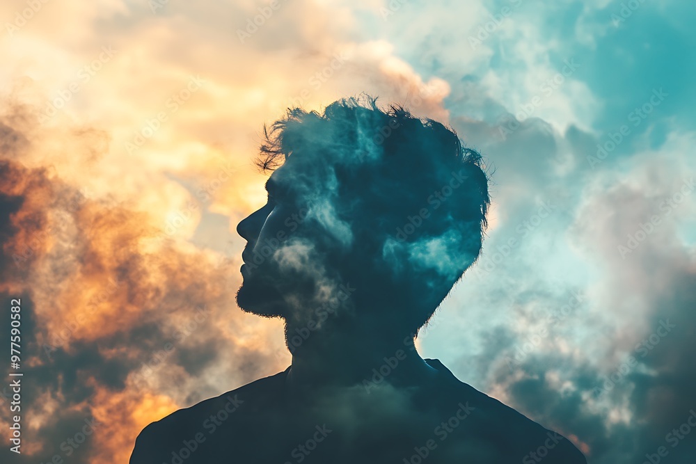 Silhouette of man with clouds in his head, conceptual art of thinking, inspiration, imagination, dream Silhouette of man with clouds in his head, conceptual art of thinking, inspiration, imagination, dream