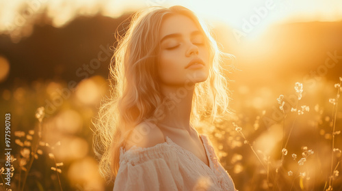 Portrait of a Young Woman in Sunlight with Closed Eyes in a Field