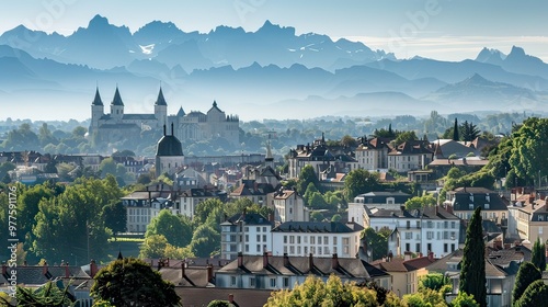 Bird's-eye view of Pau, France with a focus on the Pyrenees mountains in the background. 