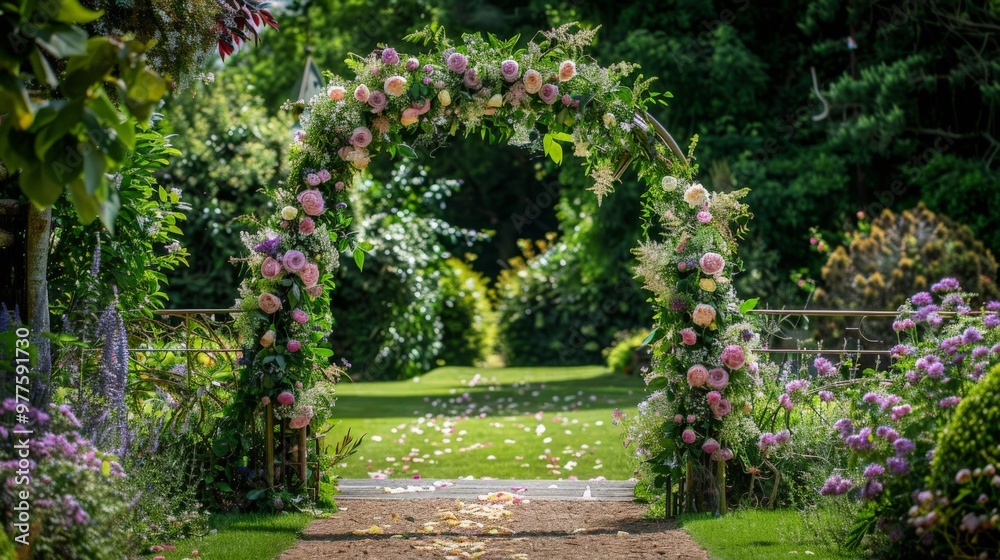 Floral archway decorated for a wedding ceremony in a garden Floral archway decorated for a wedding ceremony in a garden