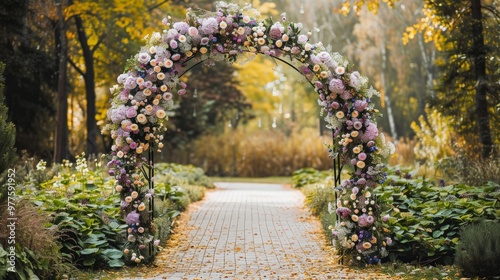 Fototapeta Naklejka Na Ścianę i Meble -  Floral archway decorated for a wedding ceremony in a garden