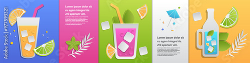 Colorful drinks with ice cubes citrus slices and leaves in paper cut style. Each drink is set against a vibrant background with additional decorative elements