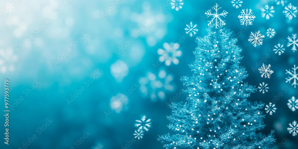 Magical Christmas tree illuminated with glowing blue lights amid falling snowflakes, perfect for holiday and festive themes Magical Christmas tree illuminated with glowing blue lights amid falling snowflakes, perfect for holiday and festive themes