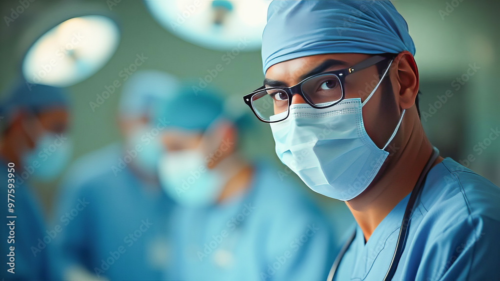 Surgeon, in a medical mask, in front of an operating room.