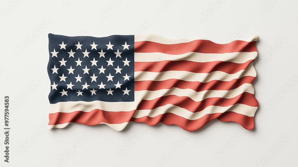 Obraz premium An American flag with a 3D wavy effect, featuring white stars on a blue background and red and white stripes, set against a plain background.