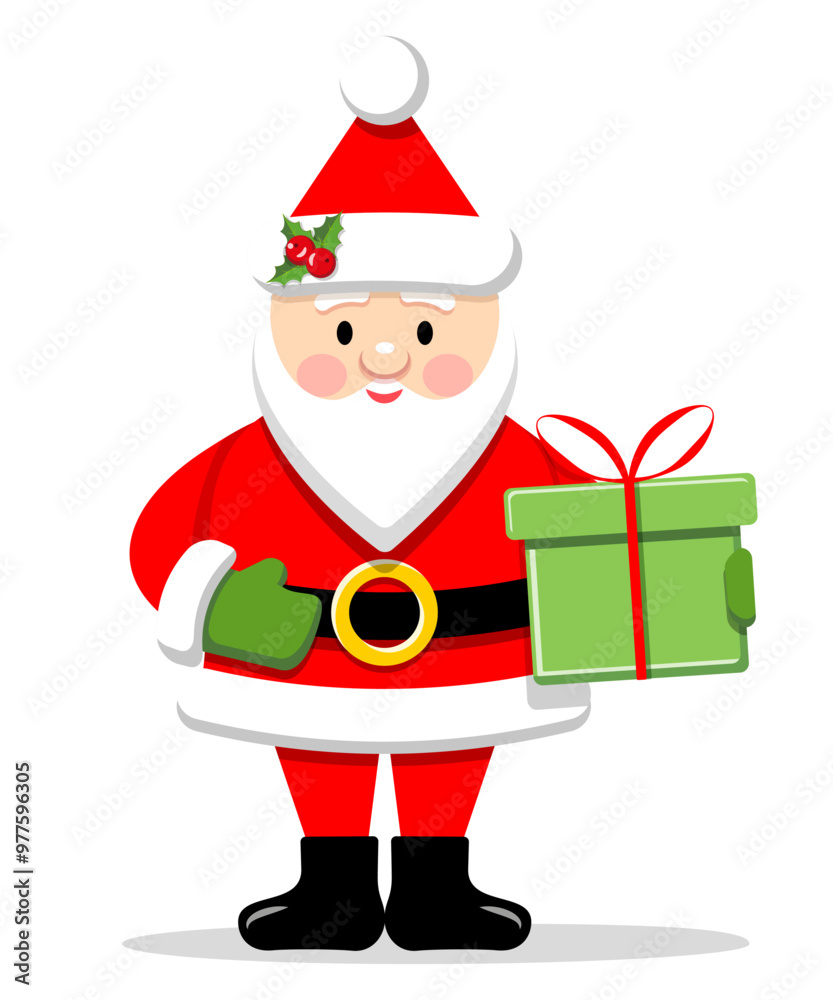 Joyful Santa Claus in a red suit with green mittens holds a gift for Christmas and New Year. Vector illustration.
