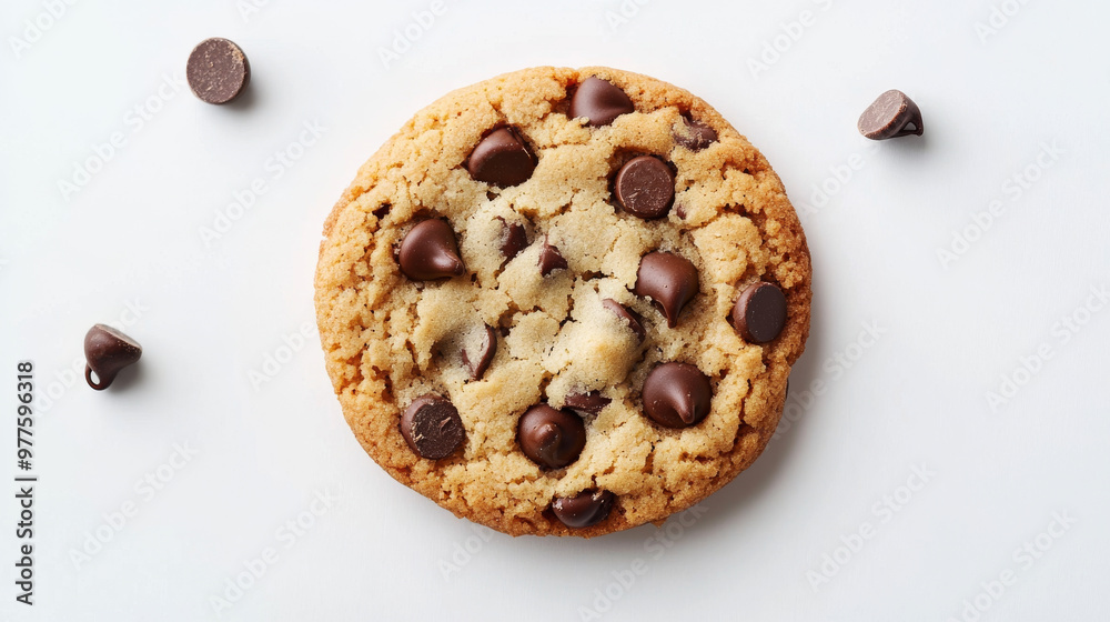 A warm, chocolate chip cookie sits on a plain white surface. A warm, chocolate chip cookie sits on a plain white surface.