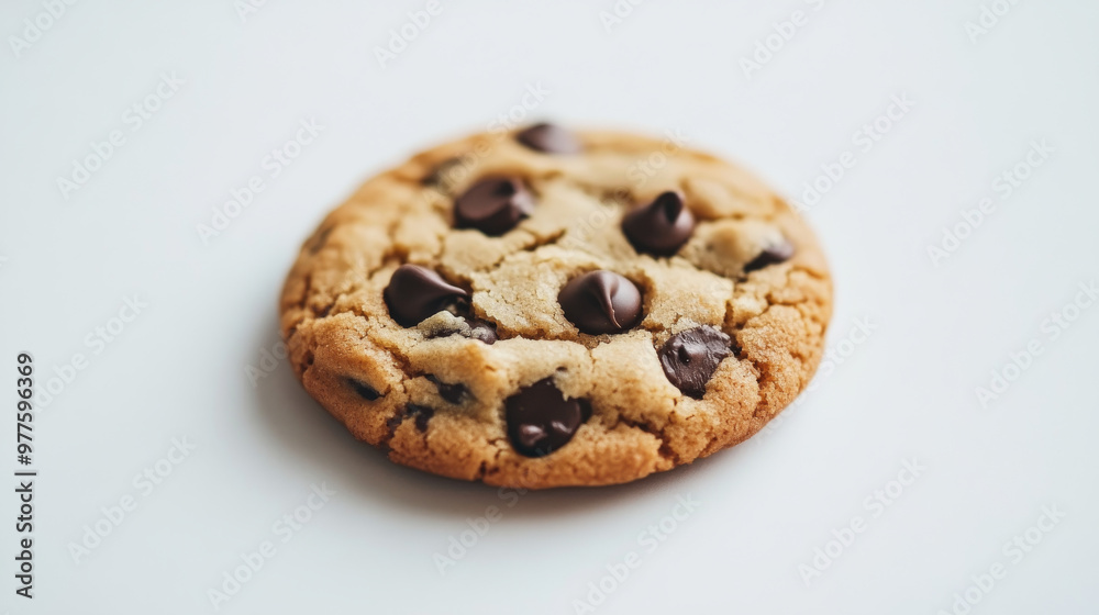 A warm, chocolate chip cookie sits on a plain white surface. A warm, chocolate chip cookie sits on a plain white surface.